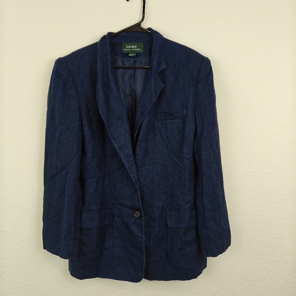 Lauren Ralph Lauren Linen Button Up Blazer In Navy Blue Size 14 Womens - Picture 1 of 14
